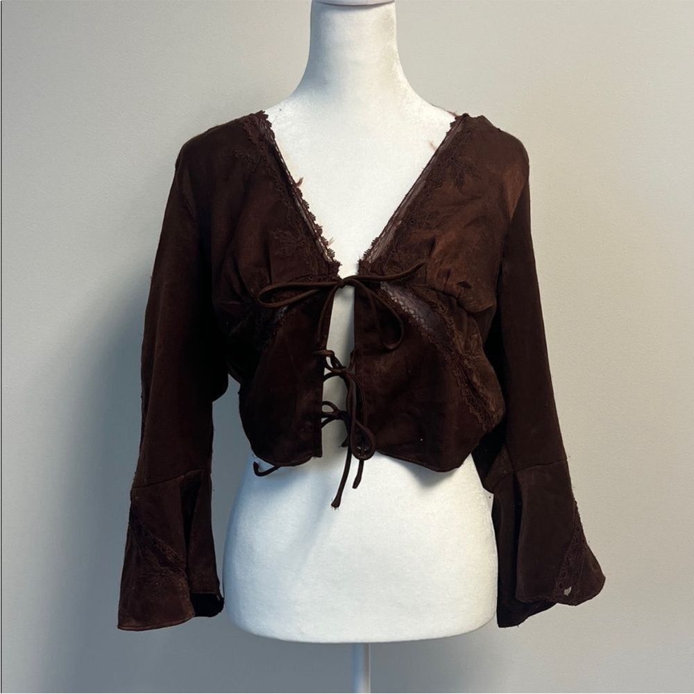 Free People Brown Bed Jacket Lace Blouse Tie Top M
